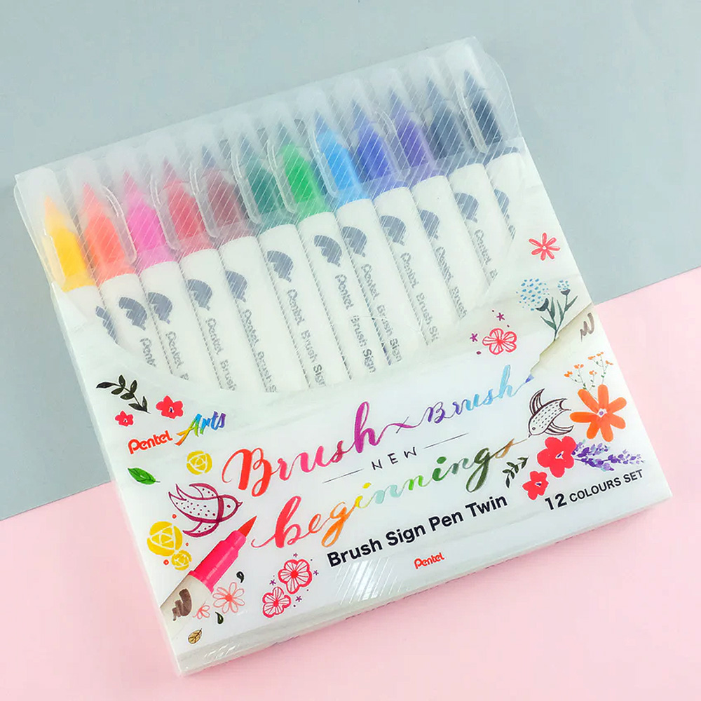 Pentel Brush Sign Pen TWIN TIP- 12 PCS SET