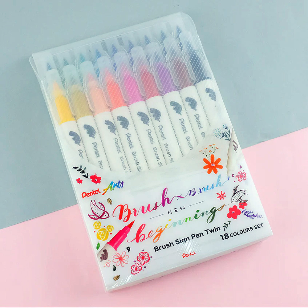 Pentel Brush Sign Pen TWIN TIP- 18 PCS SET