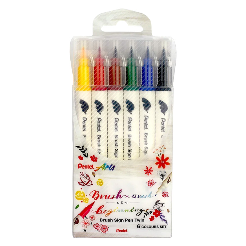 Pentel Brush Sign Pen TWIN TIP- 6 PCS SET - Image 5