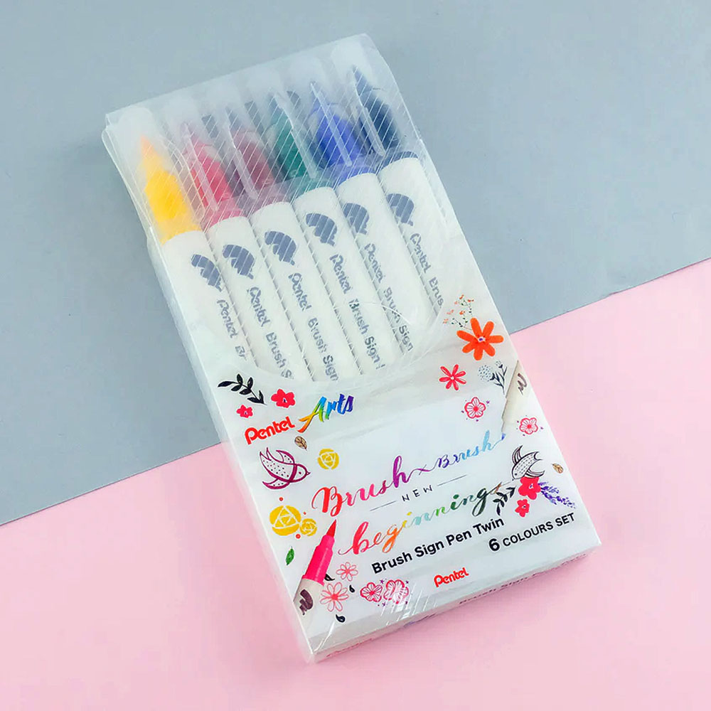 Pentel Brush Sign Pen TWIN TIP- 6 PCS SET
